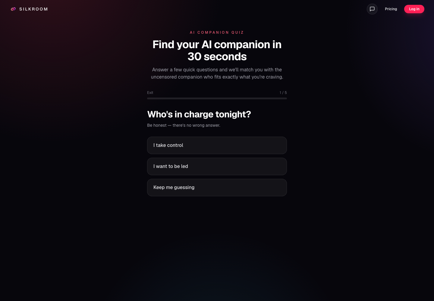 SilkRoom's matching quiz asks preference questions before recommending a companion